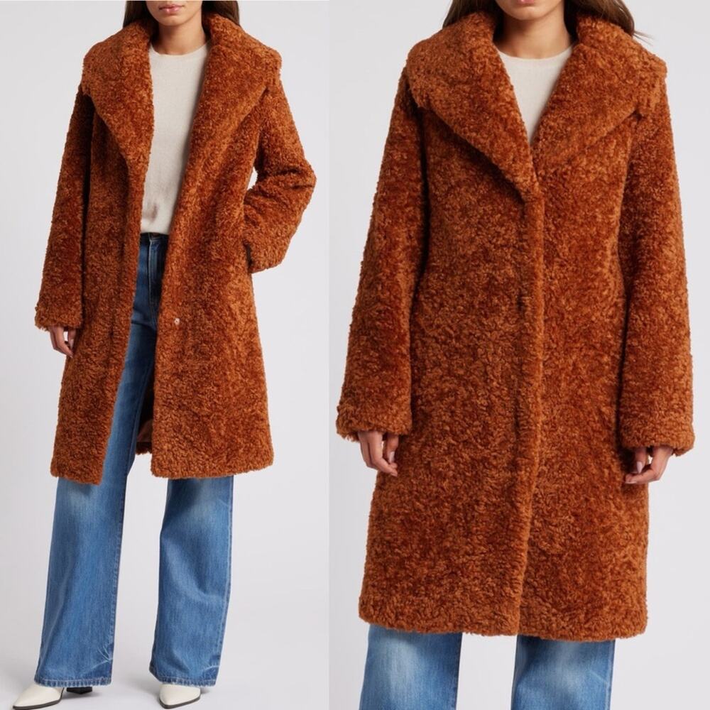 Sam Edelman Brown Teddy Sherpa Longline Coat Oversized Fuzzy Rust Copper XL $240